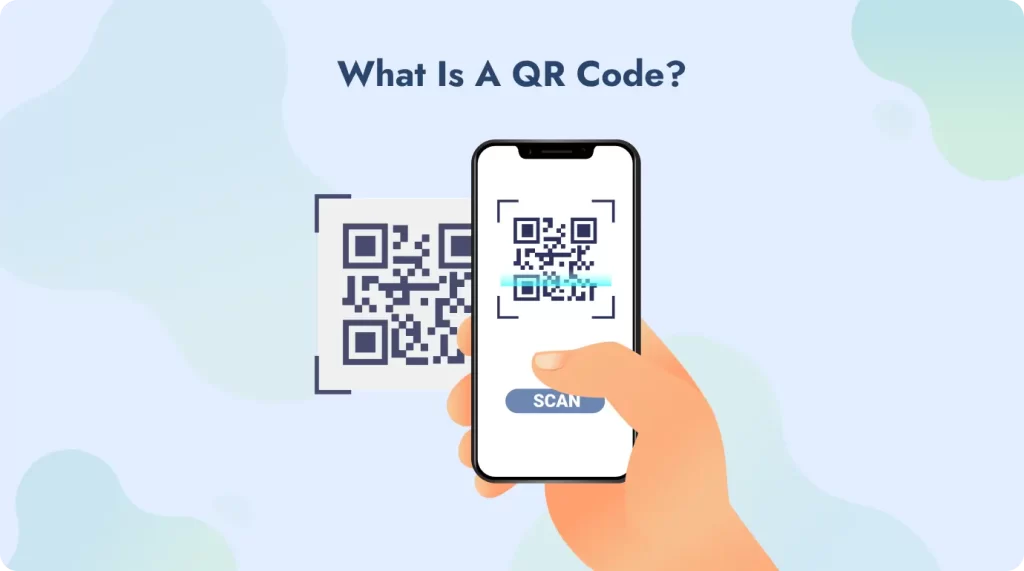 A smartphone held in hand scanning a QR code.