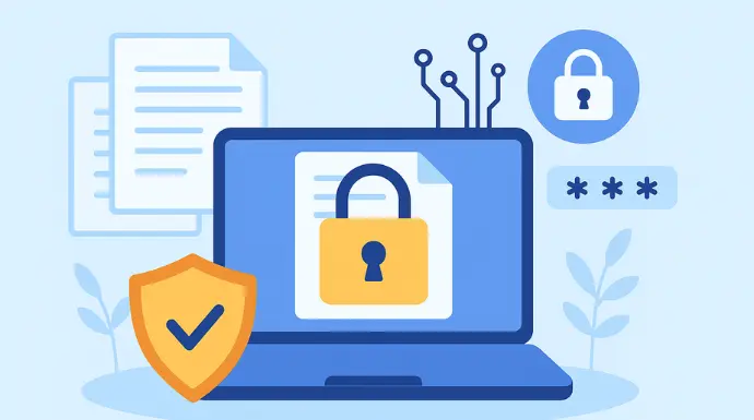 A laptop screen displaying a document secured with a lock icon, symbolizing digital protection.