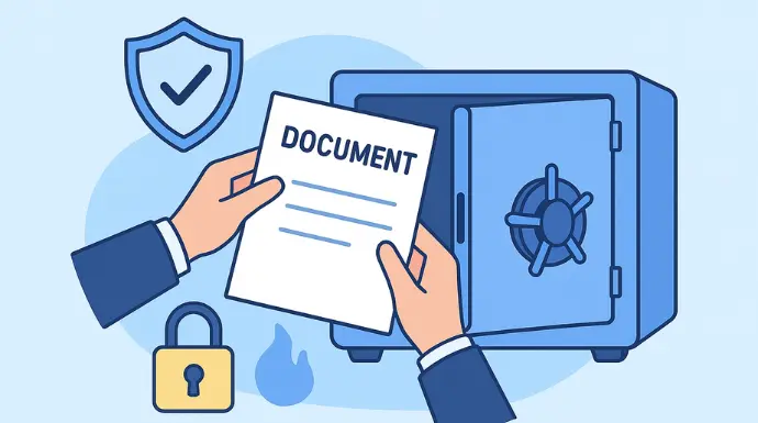 Hands placing important documents into a secure safe, representing physical protection and safety of sensitive information.