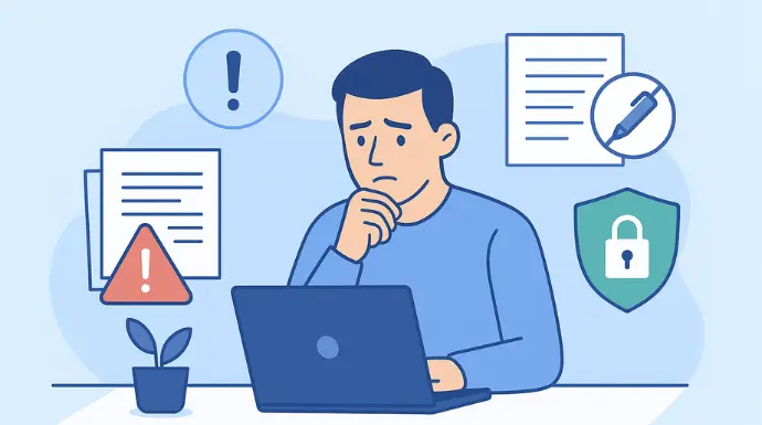 Illustration of a person staring at a laptop screen with a concerned expression, highlighting worries about document security risks.
