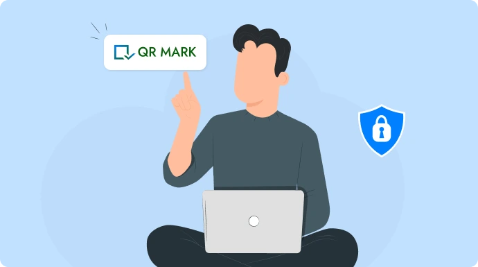 Man sitting at a desk with a laptop, contemplating the best QR Code tool for document security