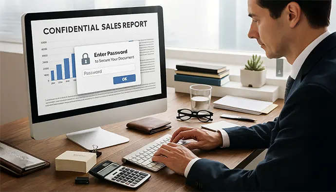 An employee protecting a confidential sales report on a laptop using password protection.