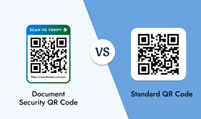 Visual comparison of a Document Security QR Code and a Standard QR Code with a “VS” label between them