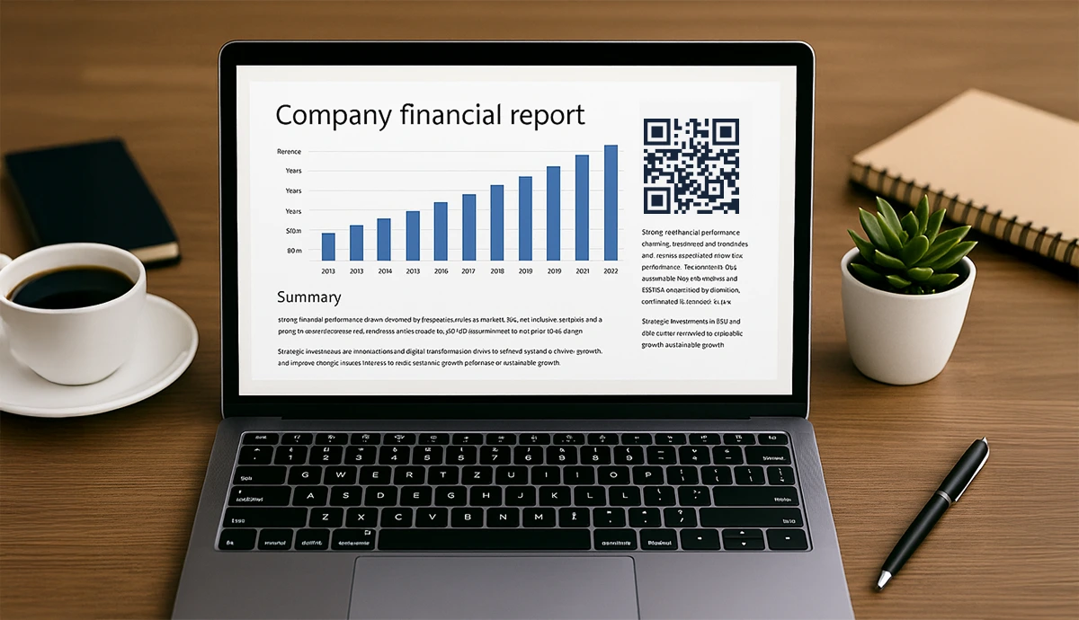 Digital report displayed on a laptop screen with a visible QR Code, indicating document security