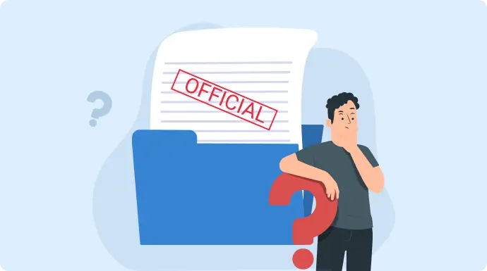 A person standing beside a huge document, thinking about what qualifies as an official document.