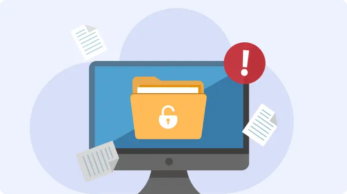 A laptop displaying an unprotected file with a warning sign, highlighting the risk to confidential documents.