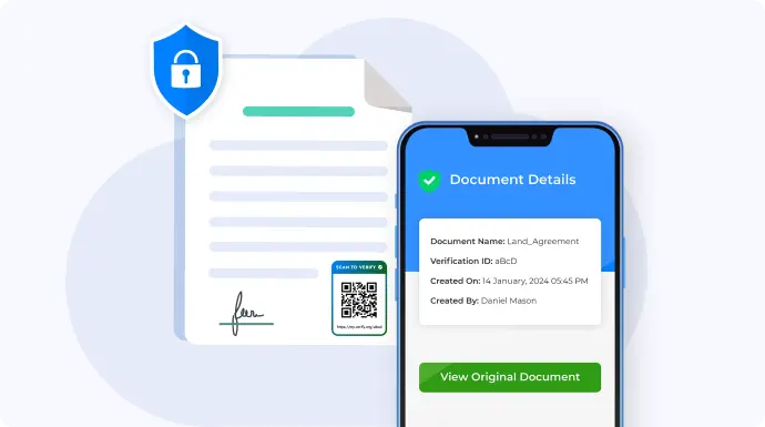 A paper document with a visible QR Mark being scanned by a smartphone, instantly revealing its security details.