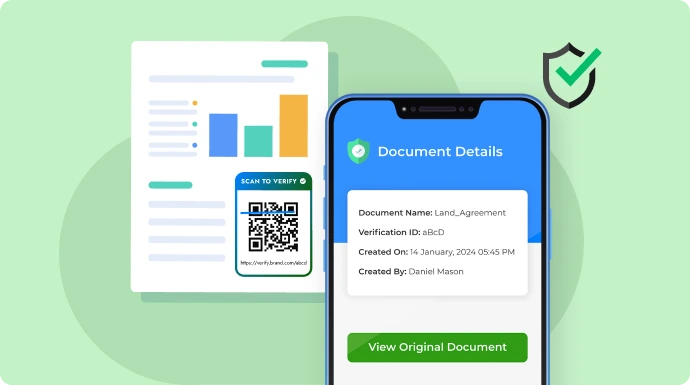 Electronic Document Security QR Codes scanned with a smartphone, displaying verified report details