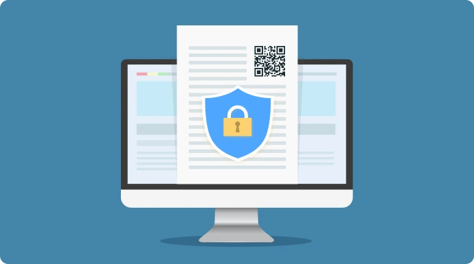 Illustration of a secure report on a laptop with a QR Code and lock icon, symbolizing protection and authentication