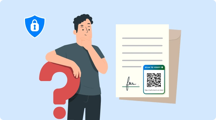 Confused man standing next to a secured report with a large question mark, representing document security uncertainty