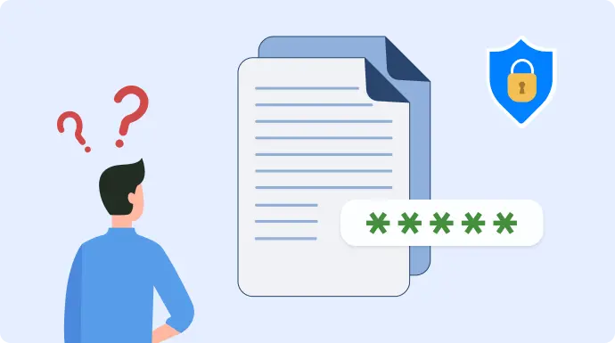 Confused person facing password-protected PDF with security shield icon