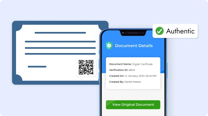 Certificate with an authentication QR code being scanned on a mobile phone to display verification details.