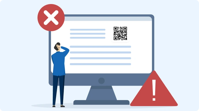 Frustrated person reviewing a QR code-authenticated document on a screen, trying to identify a mistake