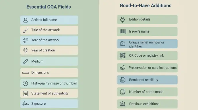Essentials and additional details to include in a Certificate of Authenticity for Artwork.
