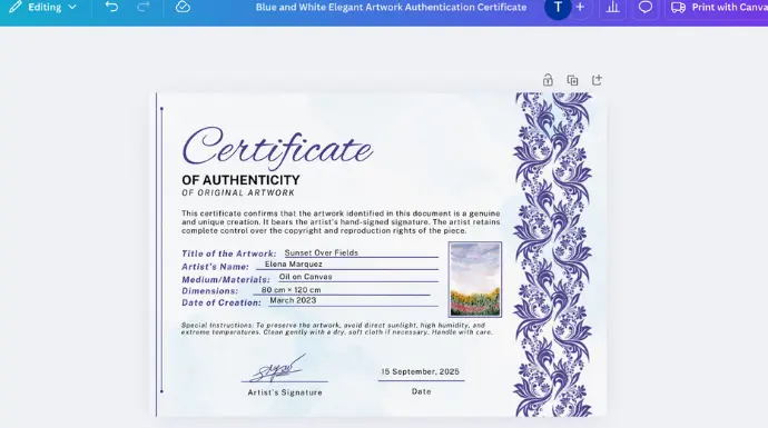 Creating COA for artwork using canva template