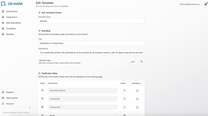 QR Mark template for certificate of authenticity