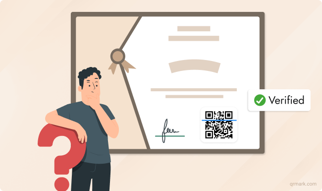 A man standing near a giant certificate which was created using a QR Code generator for certificate.