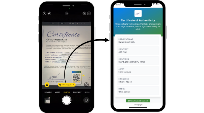 Example showing digital verification of a Certificate of Authenticity with a QR code.