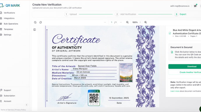 QR Mark template for certificate of authenticity