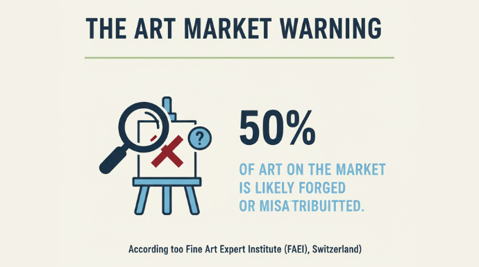 Statistic showing that around 50% of artworks on the market are forged or misattributed.