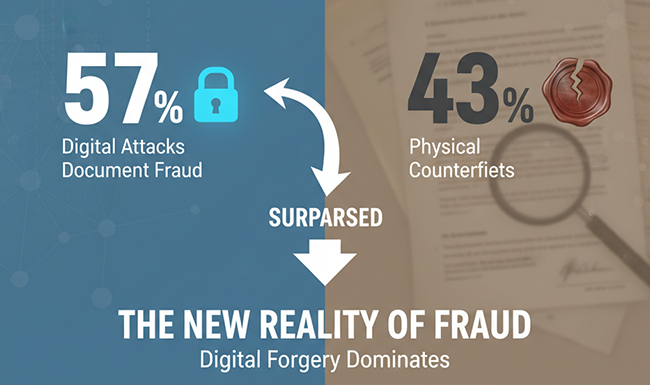 Chart comparing digital vs physical fraud in 2024, showing digital forgery at 57% of total fraud cases.
