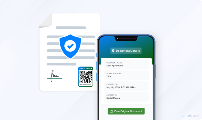 QR Mark showing secure document verification through unique QR codes and trusted domains.
