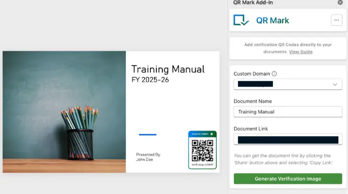 the document with a qr code for security on it using qr mark