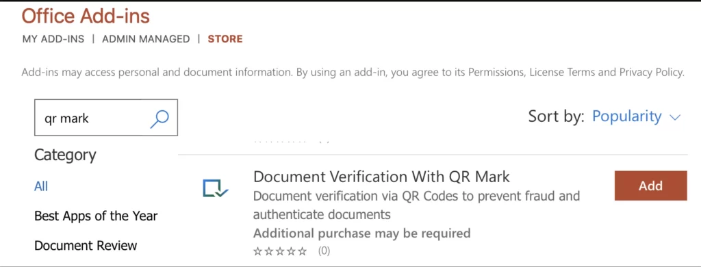 a screenshot showing qr mark add in on microsoft workspace