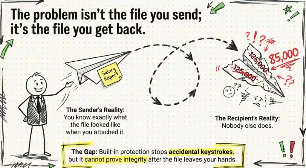 Illustrated infographic showing a salary report sent as a paper airplane. The sender knows the original file, but the recipient may receive an altered version with changed figures. Highlights the challenge of proving document integrity after a file leaves the sender&rsquo;s control.
