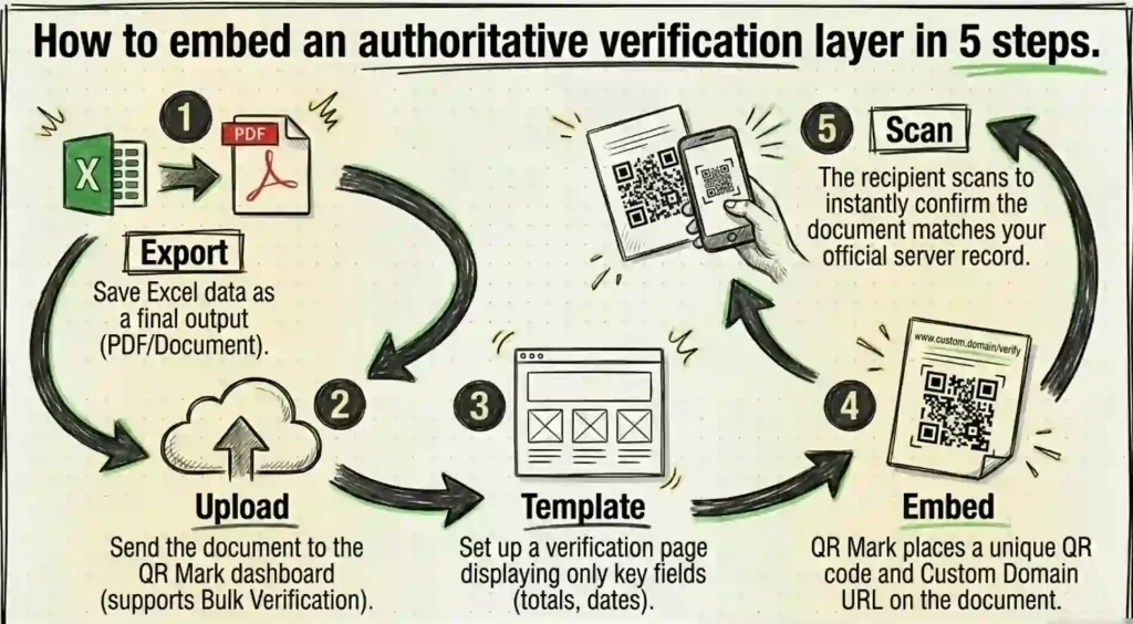 Five-step infographic explaining QR-based document verification. The process includes exporting a file, uploading it to a platform, creating a verification template, embedding a QR code and custom domain, and allowing recipients to scan and verify document authenticity against official records.