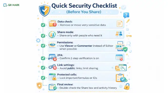 an infographic based checklist that helps organizations to do quick security check before sharing a google sheet