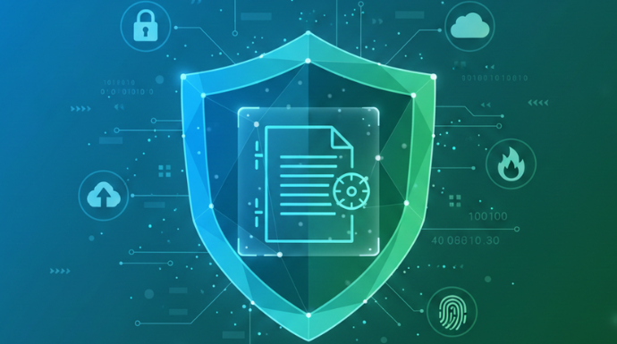 a graphic image showing a shield protecting a&nbsp; document through various methods such as encryption, cloud, firewall etc&hellip;.&nbsp;