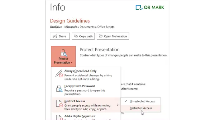 an image clearly explaining how to secure powerpoint using restricting permissions
