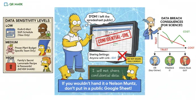 An infographic showing a Google Sheet protected by a shield and padlock, categorized into Low, Medium, and High sensitivity levels. It features stakeholder icons (HR, Finance, IT) and a risk graph illustrating the cost and trust loss associated with data breaches.