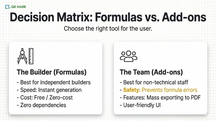 an infographic that tells about when to use formula and add-ons to generate qr codes in google sheets 