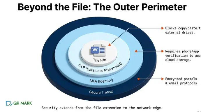 an infographic that explains how to use multiple layers to secure word document using MFA and DLP techniques
