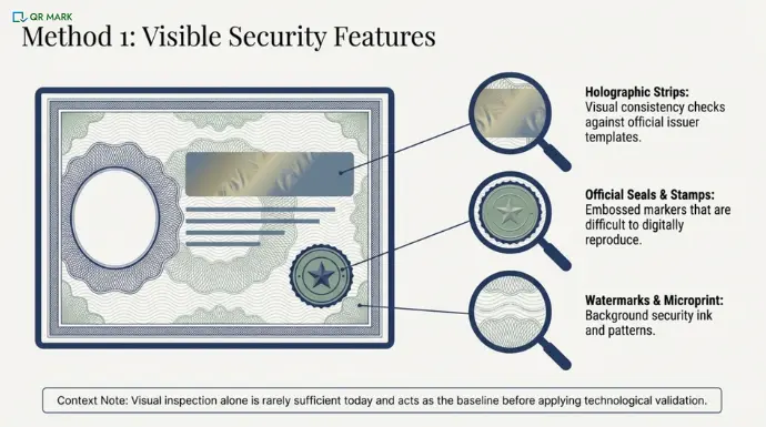 An illustrated image showing a certificate and how to visually verify it using Holograms, Official seals and Watermarks.
