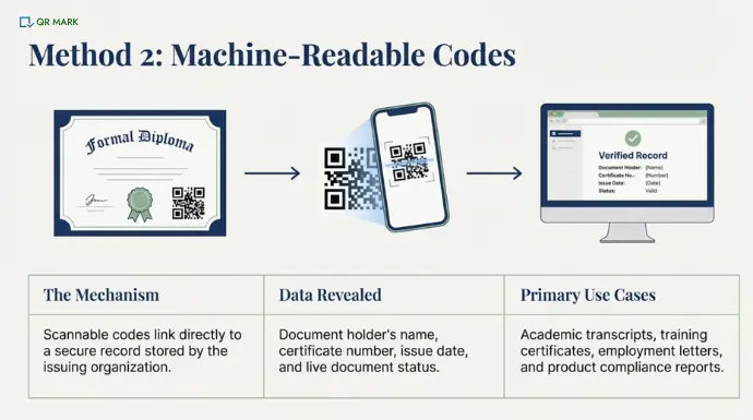 An Infographic describing how to verify documents using qr codes. It follows a two step process - Scan and Verify
