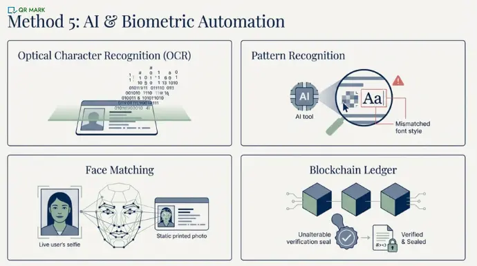 An illustration of different technologies used for document verification. These technologies are - 1 Optical Character Recognition 2. Pattern Recognition 3. Face Matching 4. Blockchain
