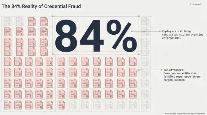 An infographic illustrating a data from hireright that 84% of employers have caught a candidate lying or misrepresenting information on their application. 