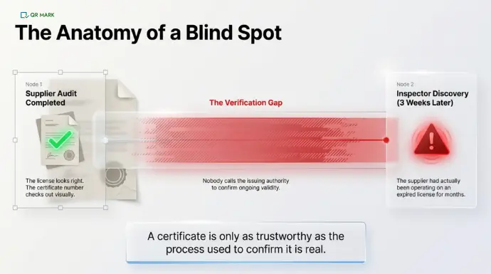Diagram showing verification gap between issued certificate and delayed inspection, highlighting lack of real-time validation for food safety certificate verification
