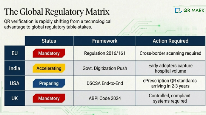 Table comparing global QR prescription regulations across EU, India, USA, and UK with status and compliance requirements
