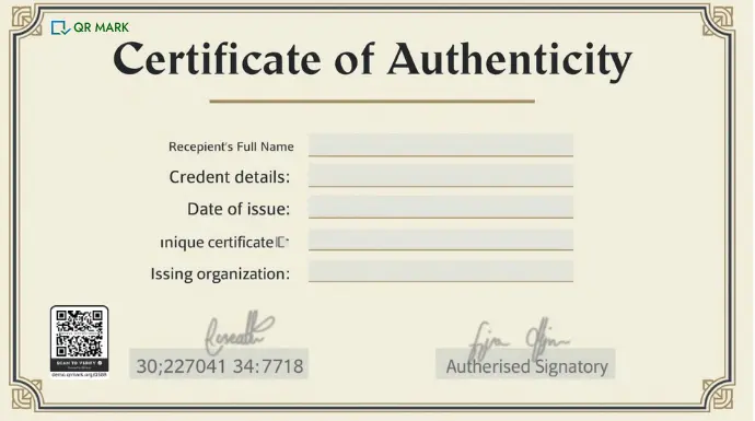 a certificate of authenticity with a QR Mark security.
