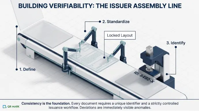 an illustration of how to set-up a document verification process as an issuer. It uses the analogy of assembly line to show the set-up process.
