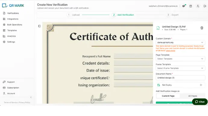 screenshot of qrmark app showing to add custom domain and page template feature.
