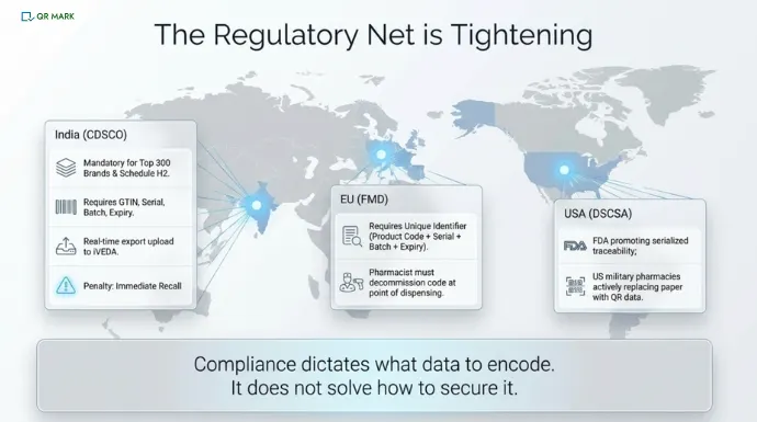 An infographic that explains the regulation landscape of using QR Code on medicines.
