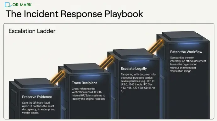 QR Mark incident response playbook diagram showing escalation steps: preserve evidence, trace recipient, escalate legally, and patch the workflow