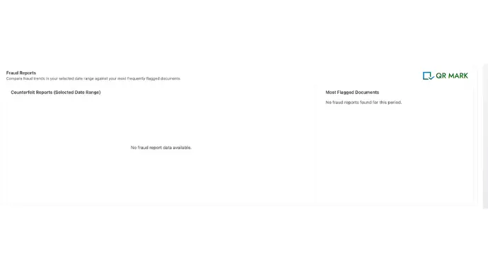 Fraud reports dashboard showing counterfeit document reports and flagged verification activity
