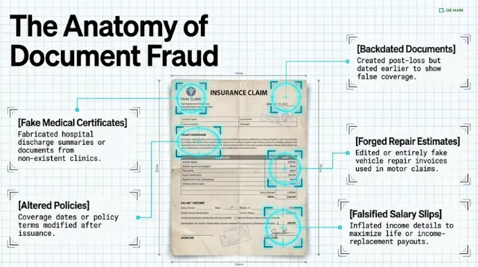 an illustration that shows different placeholders in insurance documents that are manipulated to do insurance fraud.
