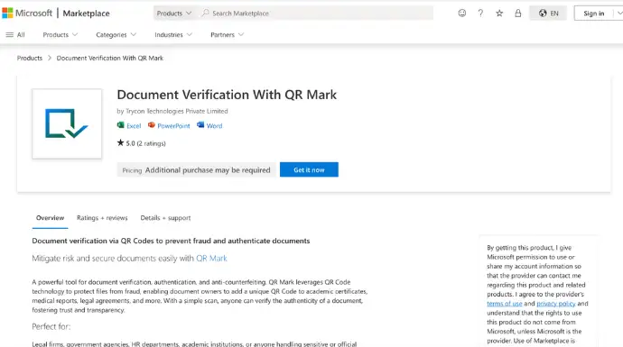 QR Mark add-in on microsoft marketplace